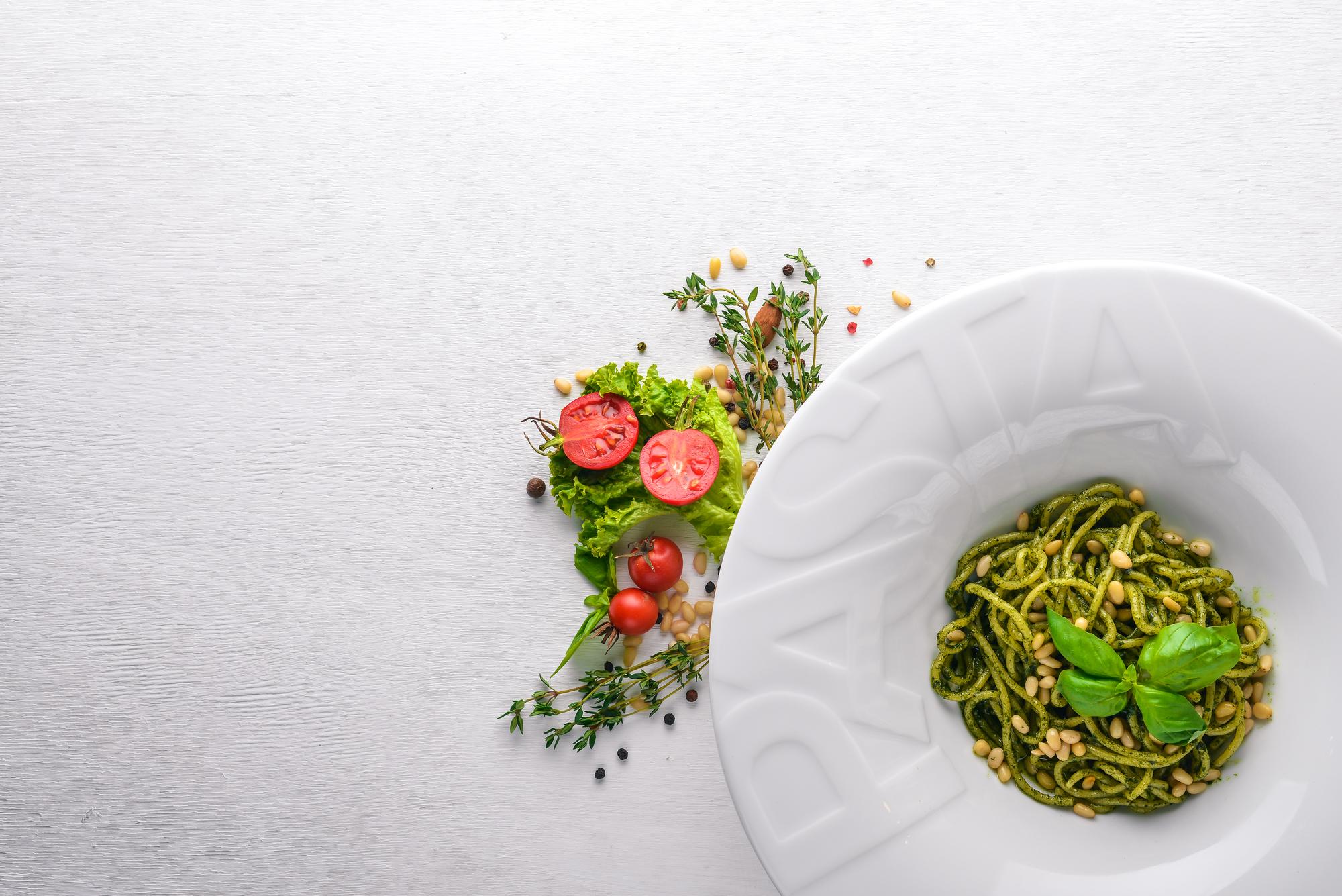 Plated pasta with garnish